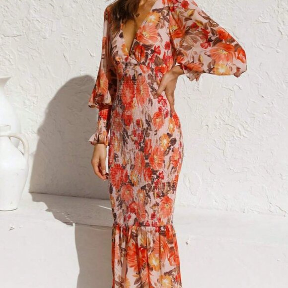 Orange Casual Women's V-Neck Puff Sleeve Floral Smocked Midi Dress - Picture 3 of 5